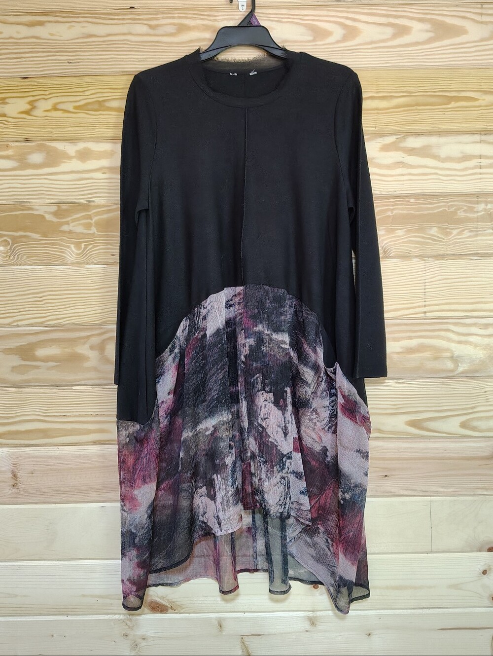 Black Abstract Print Sheer Hem Midi Dress Artsy Boho Tunic Oversized Lagenlook